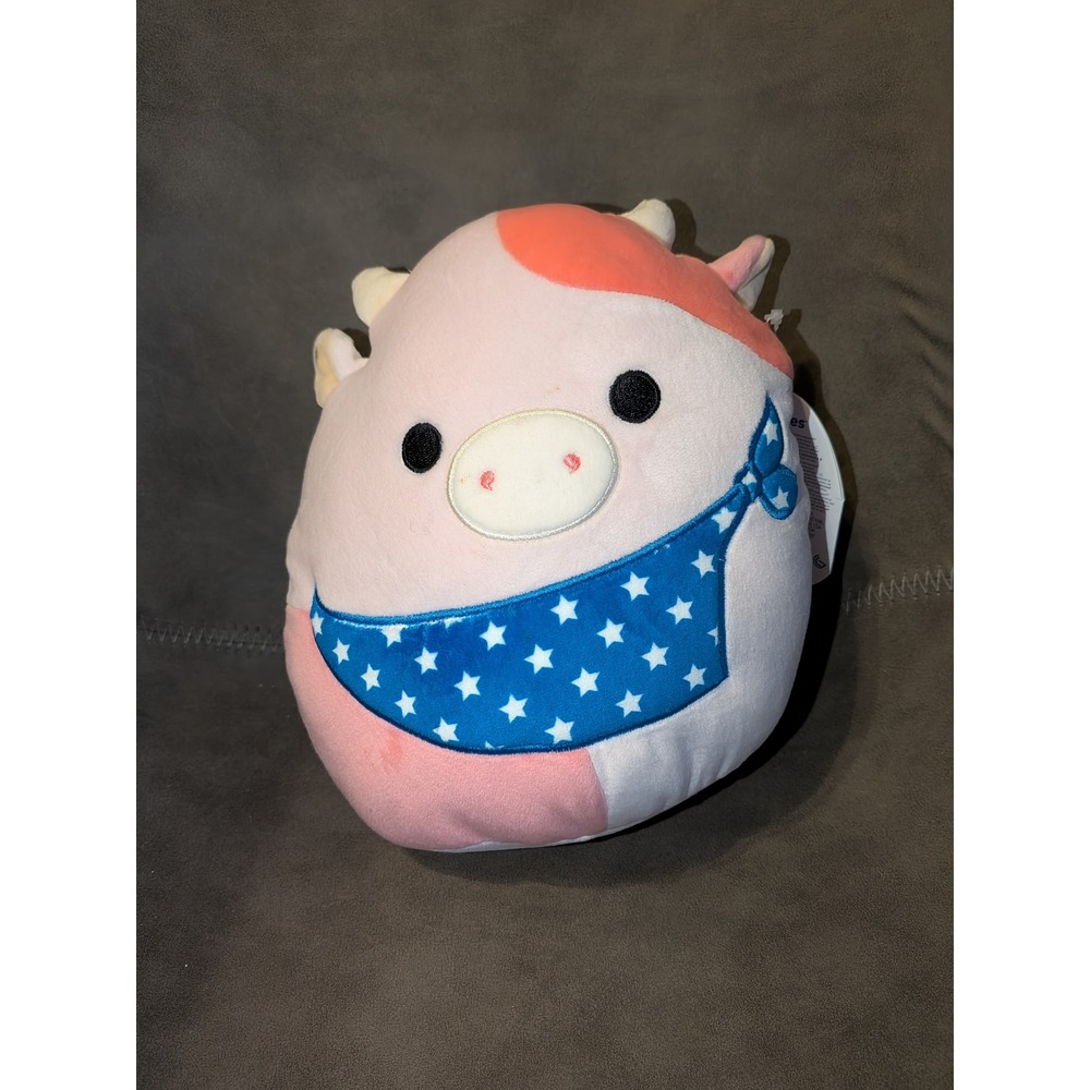 Squishmallows Reshma the Cow 8 Inch Pink Strawberry Cow Blue Star Bandana Plush